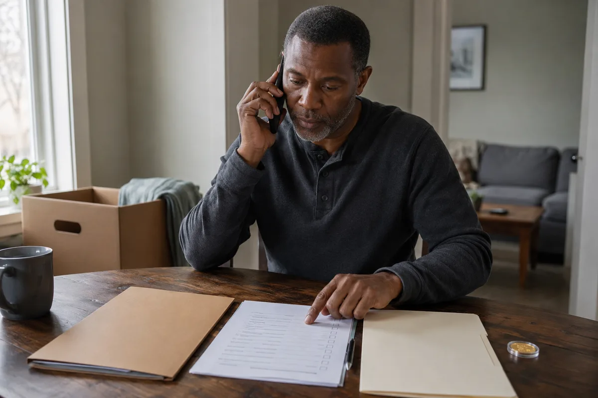 A man calling a plan administrator while reviewing retirement rollover paperwork at home
