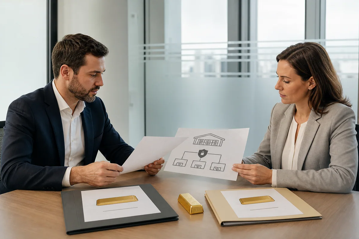 Two professionals comparing gold custody documents in a neutral meeting room