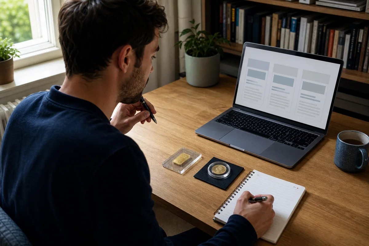 Beginner comparing a gold bar, coin and exchange-traded option at a home desk