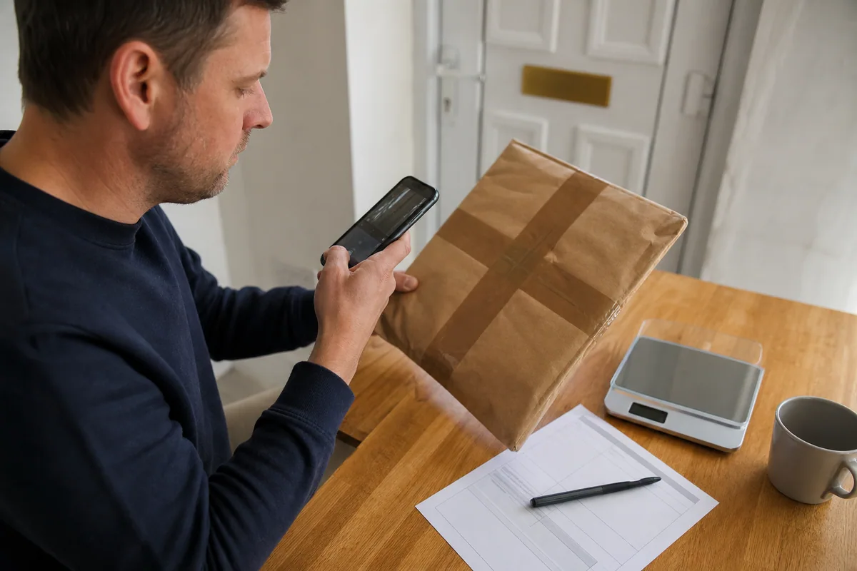 Homeowner carefully inspecting a discreet insured parcel at a hallway table