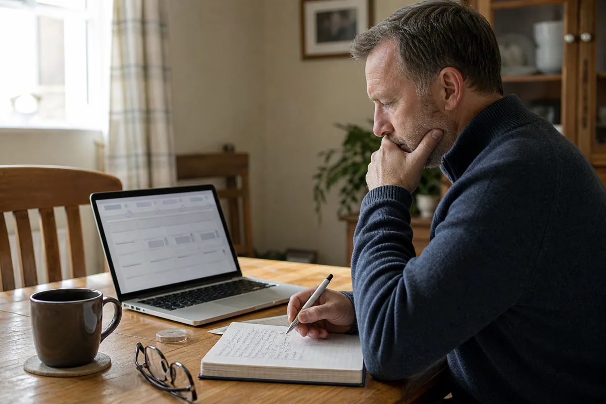 Cautious buyer researching bullion dealers on a laptop and taking notes