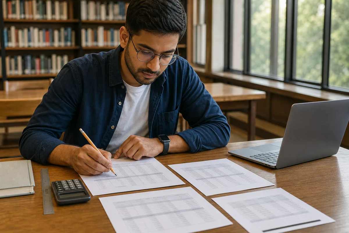 A saver marking cost columns on unbranded fund sheets at a library table