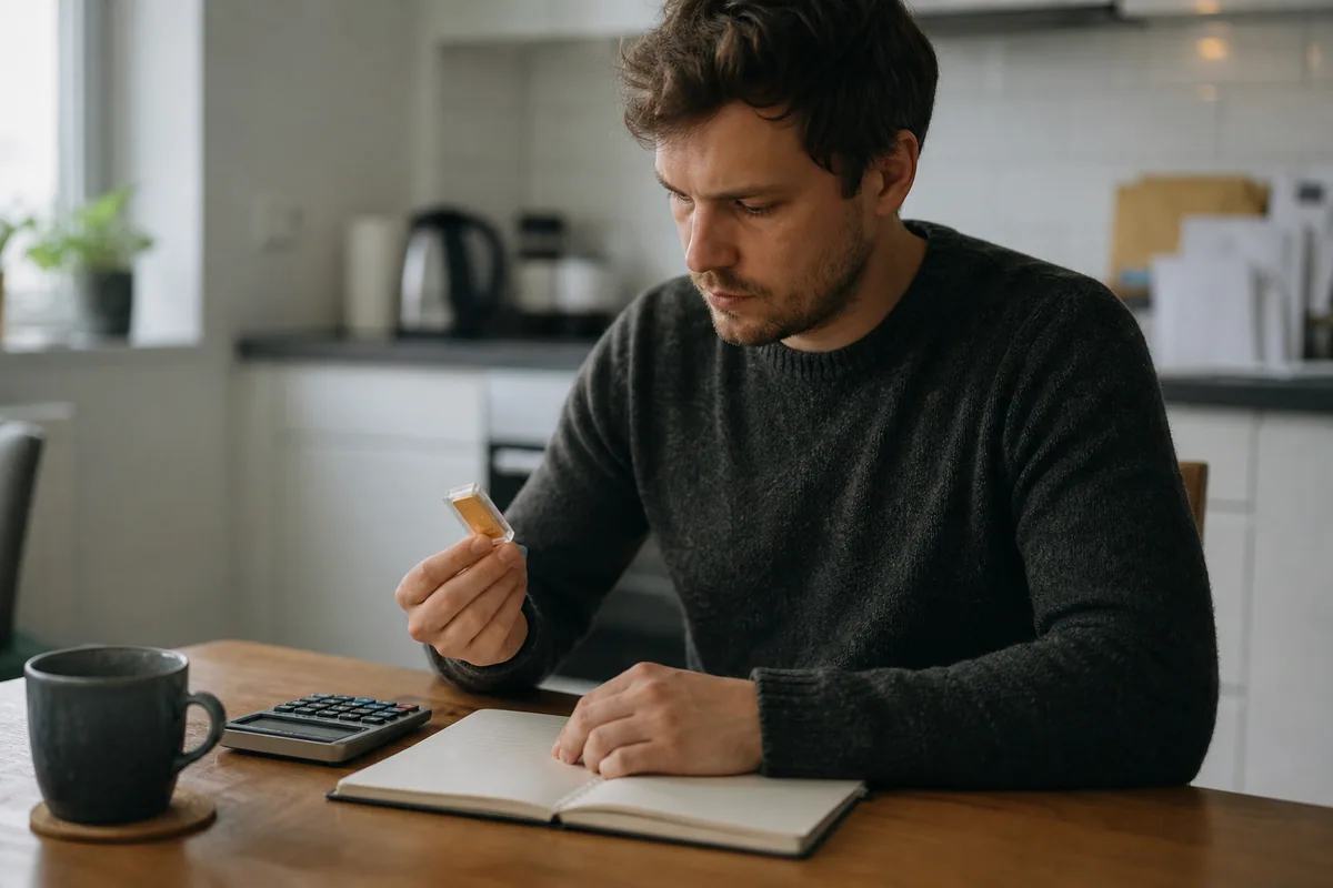 First-time buyer comparing a small gold bar with a household budget at a kitchen table