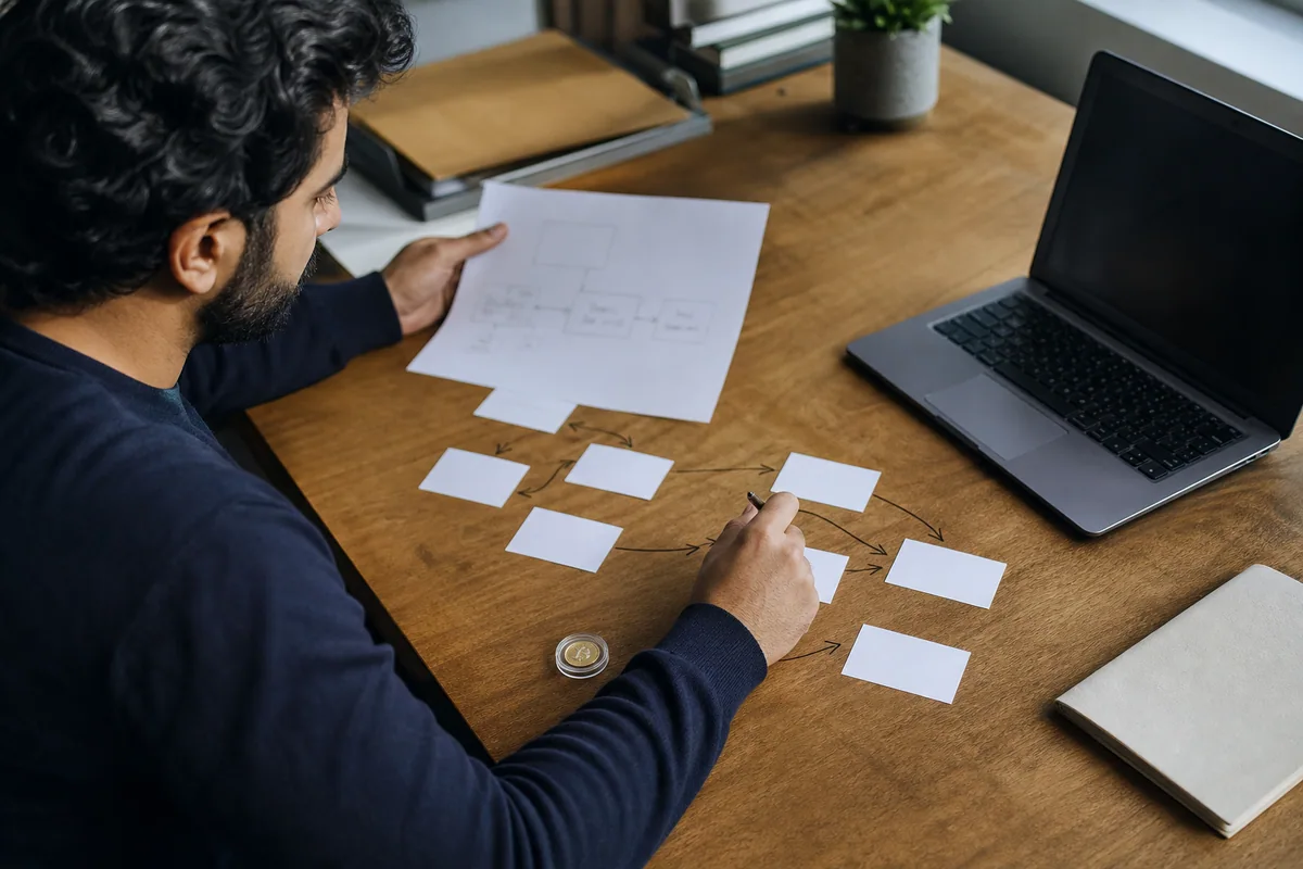A small-business owner drawing a custody chain on paper beside a laptop