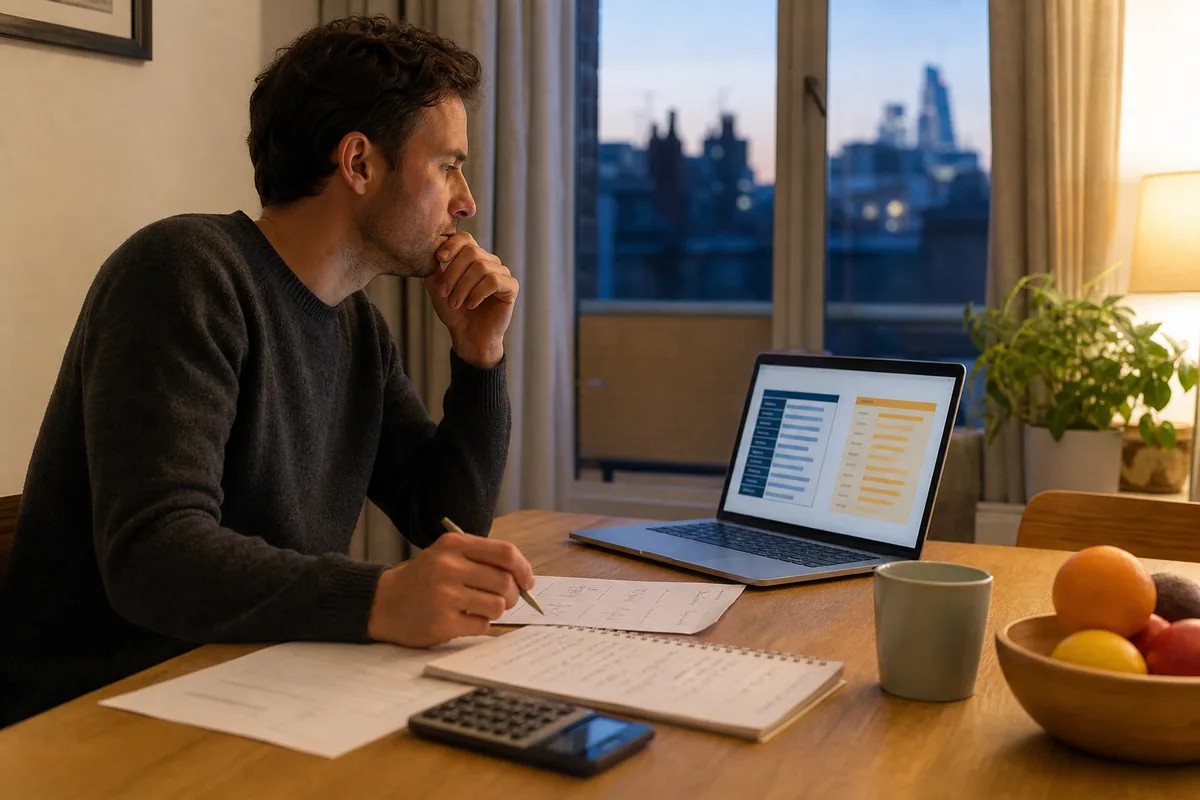 A man comparing two unbranded investment documents on a laptop in a small flat