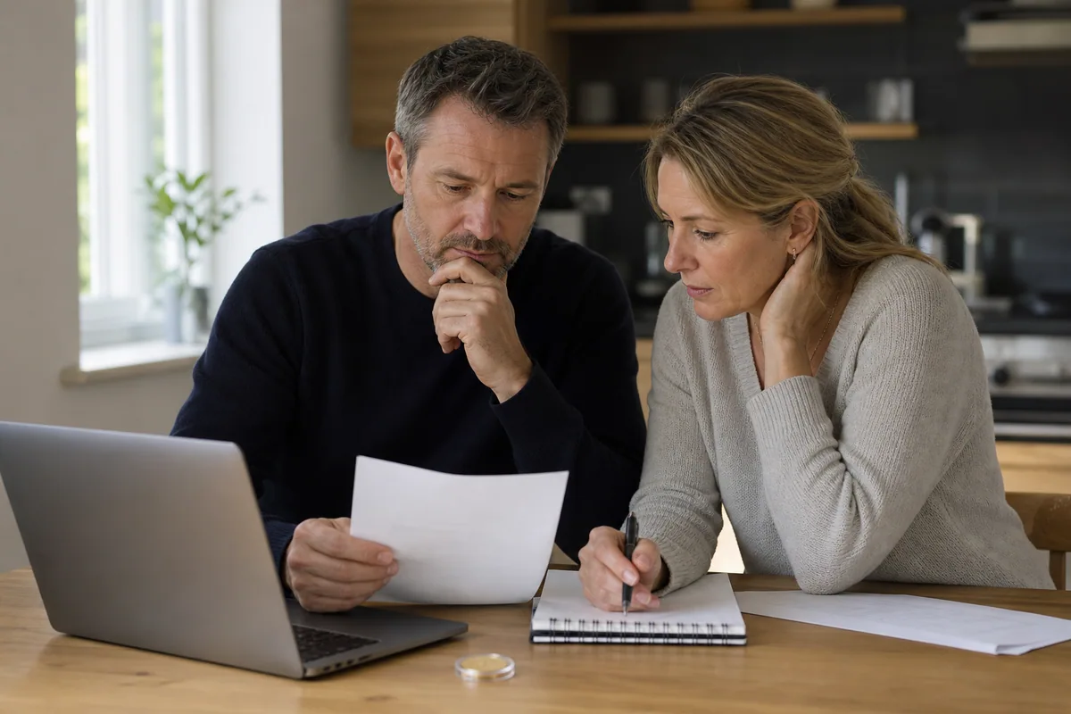 A couple comparing investment paperwork with a single unbranded gold coin at a kitchen table
