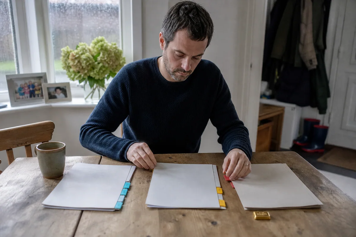Parent sorting household goals by time horizon with a small gold bar beside long-term paperwork
