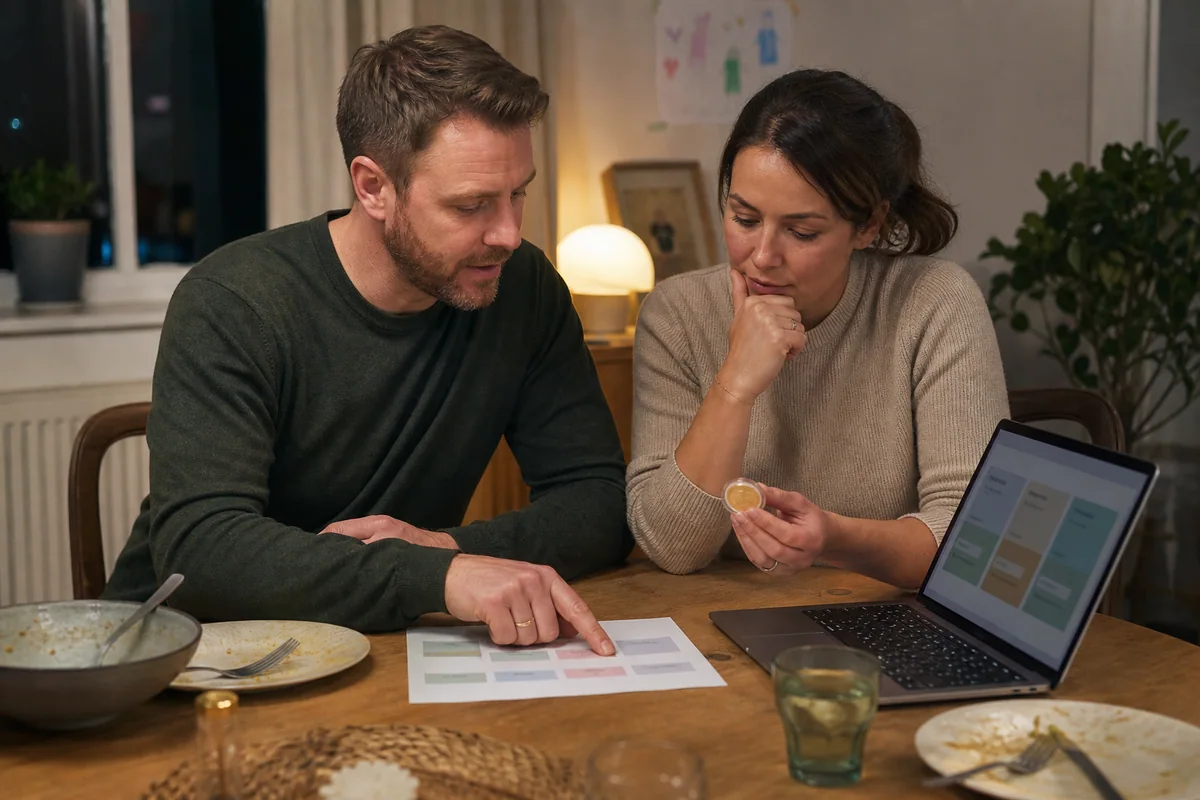 Couple having a calm evening conversation about a household gold plan
