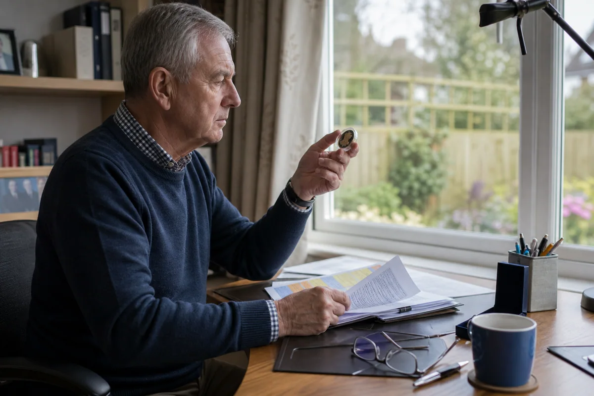 Recently retired person reviewing pension paperwork with a small gold coin in a quiet home study