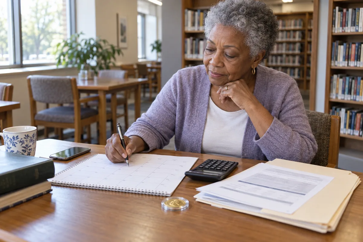 An older woman using a calendar and calculator to plan a retirement-account distribution in a library