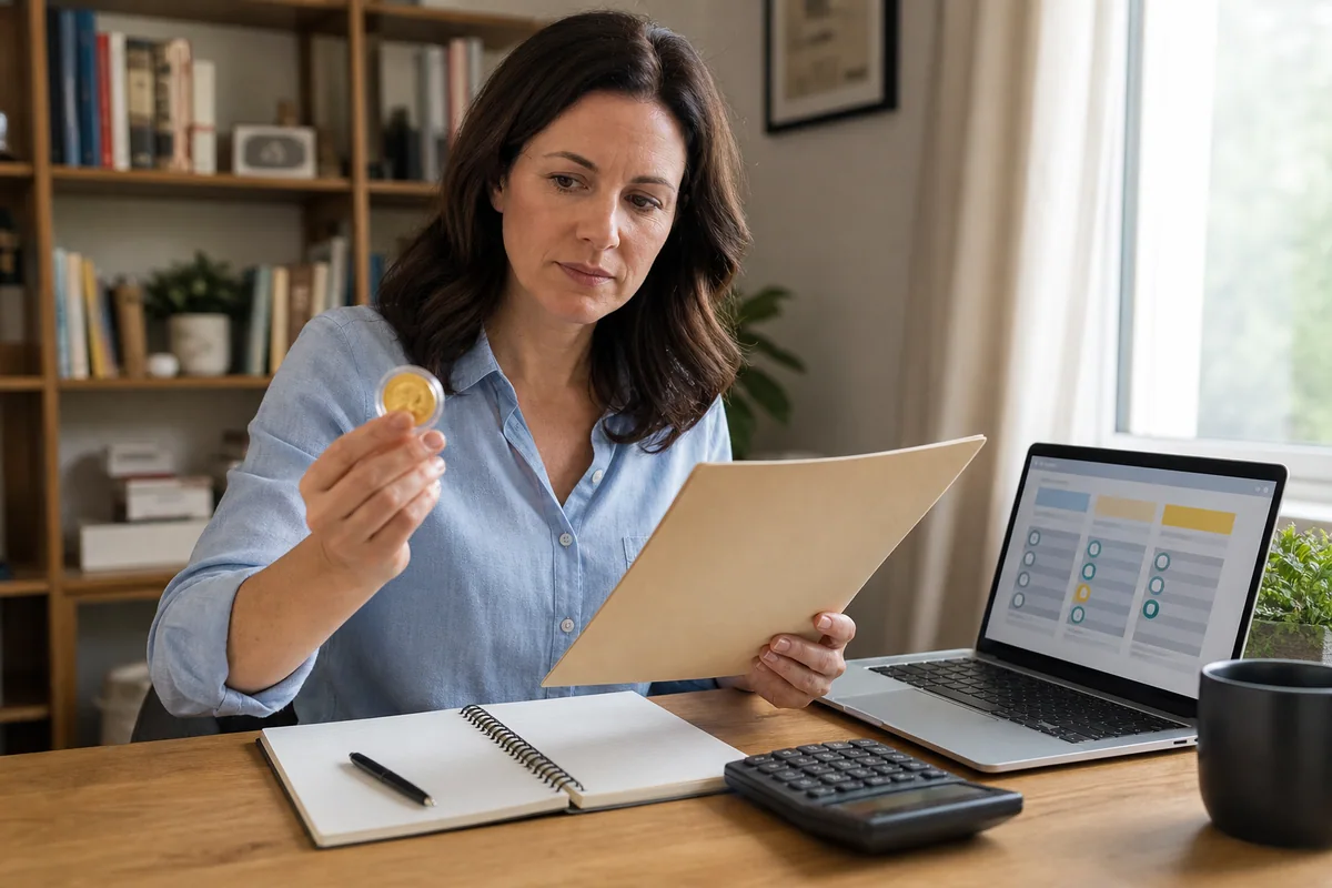 A woman comparing a gold coin, retirement-account paperwork and an exchange-traded product on a laptop