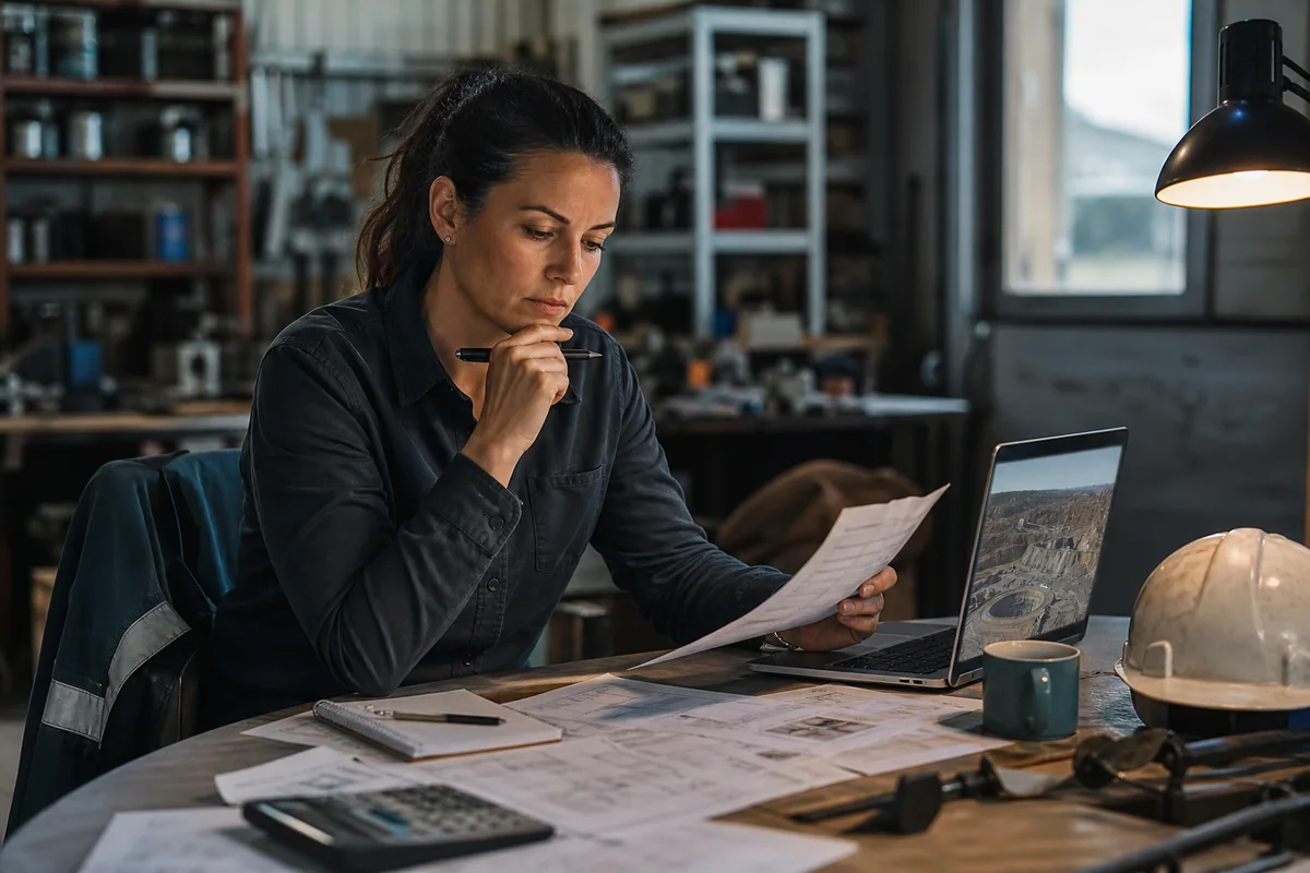 A small-business owner reviewing mining investment documents in a workshop office