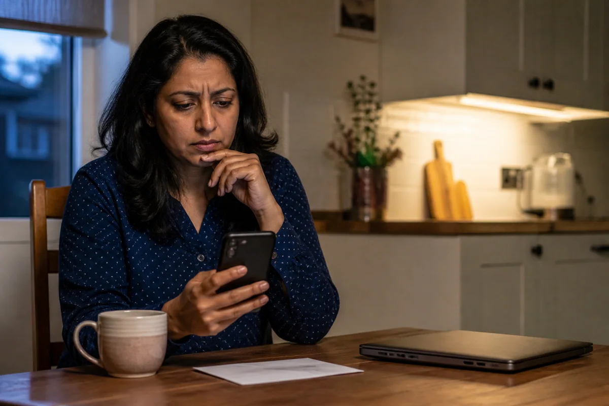 A woman at a kitchen table pausing over a suspicious investment message on her phone