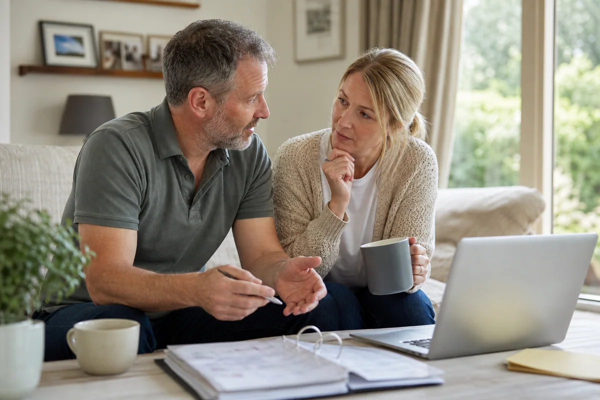 A middle-aged couple reviewing retirement and tax-year documents in their sitting room
