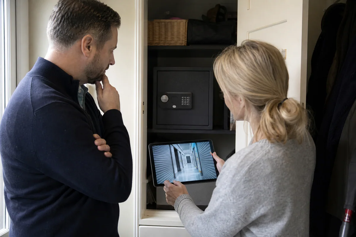 Homeowners comparing a discreet home safe with a professional storage option