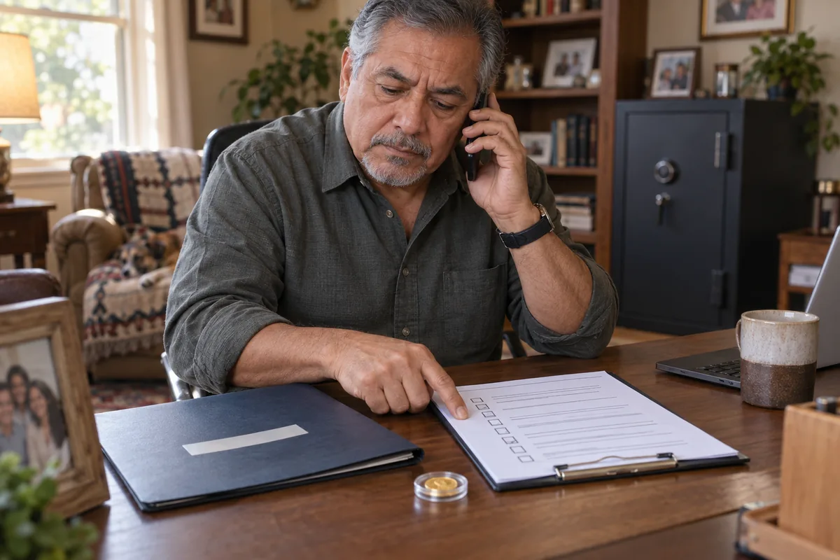 A man calling an adviser while reviewing a retirement checklist beside a closed home safe