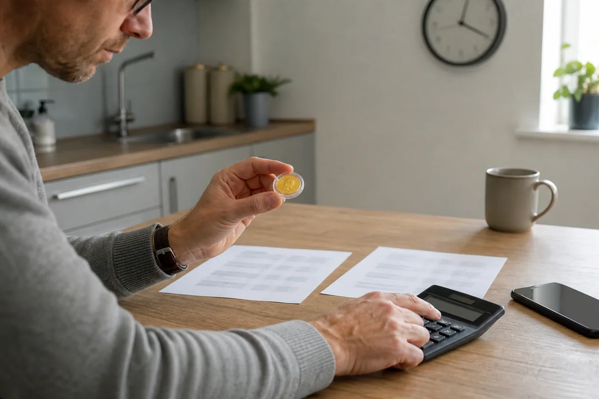 Buyer studying dealer quote sheets, a calculator and a small gold coin in a bright kitchen