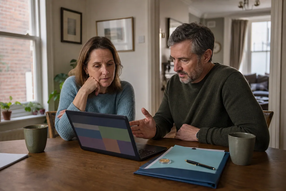 Couple discussing a diversified household plan with a small gold coin at their dining table