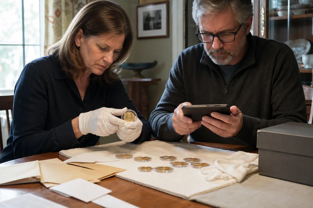 Adult siblings carefully inventorying inherited coin envelopes at a family dining table