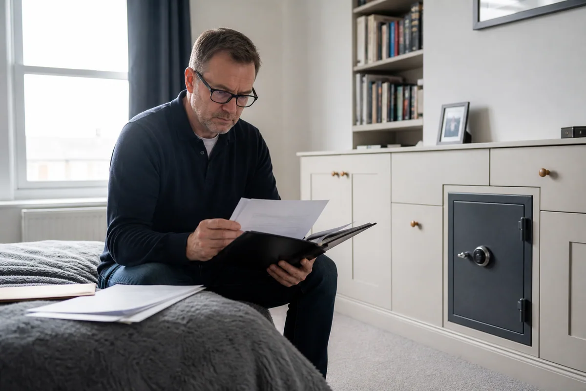 A homeowner reviewing an insurance policy near a closed household safe