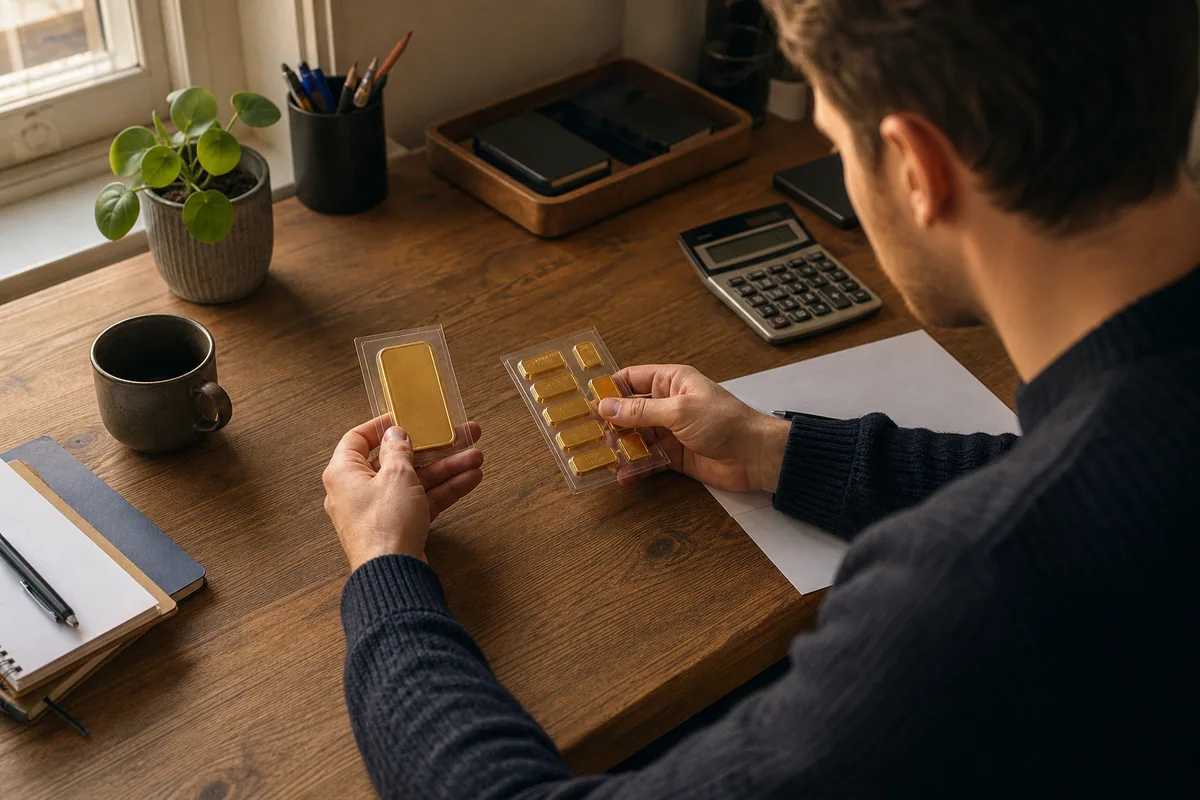 Buyer comparing a one-ounce gold bar with several smaller bars at a home desk