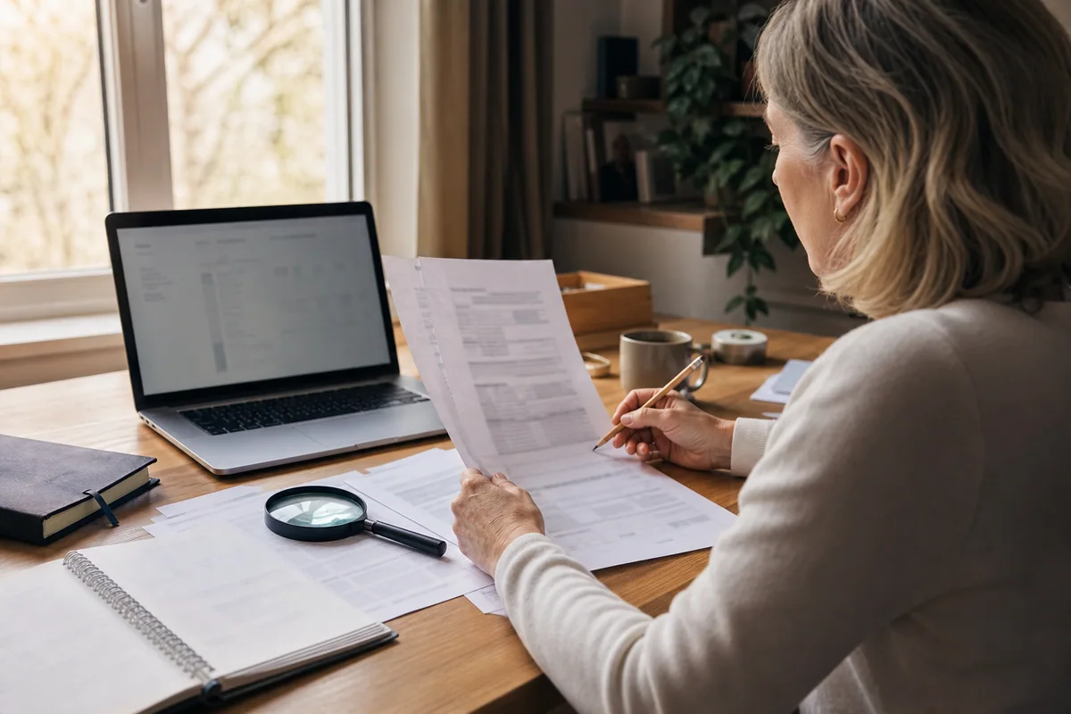 A woman reviewing unbranded gold fund documents with a pencil at a home-office desk