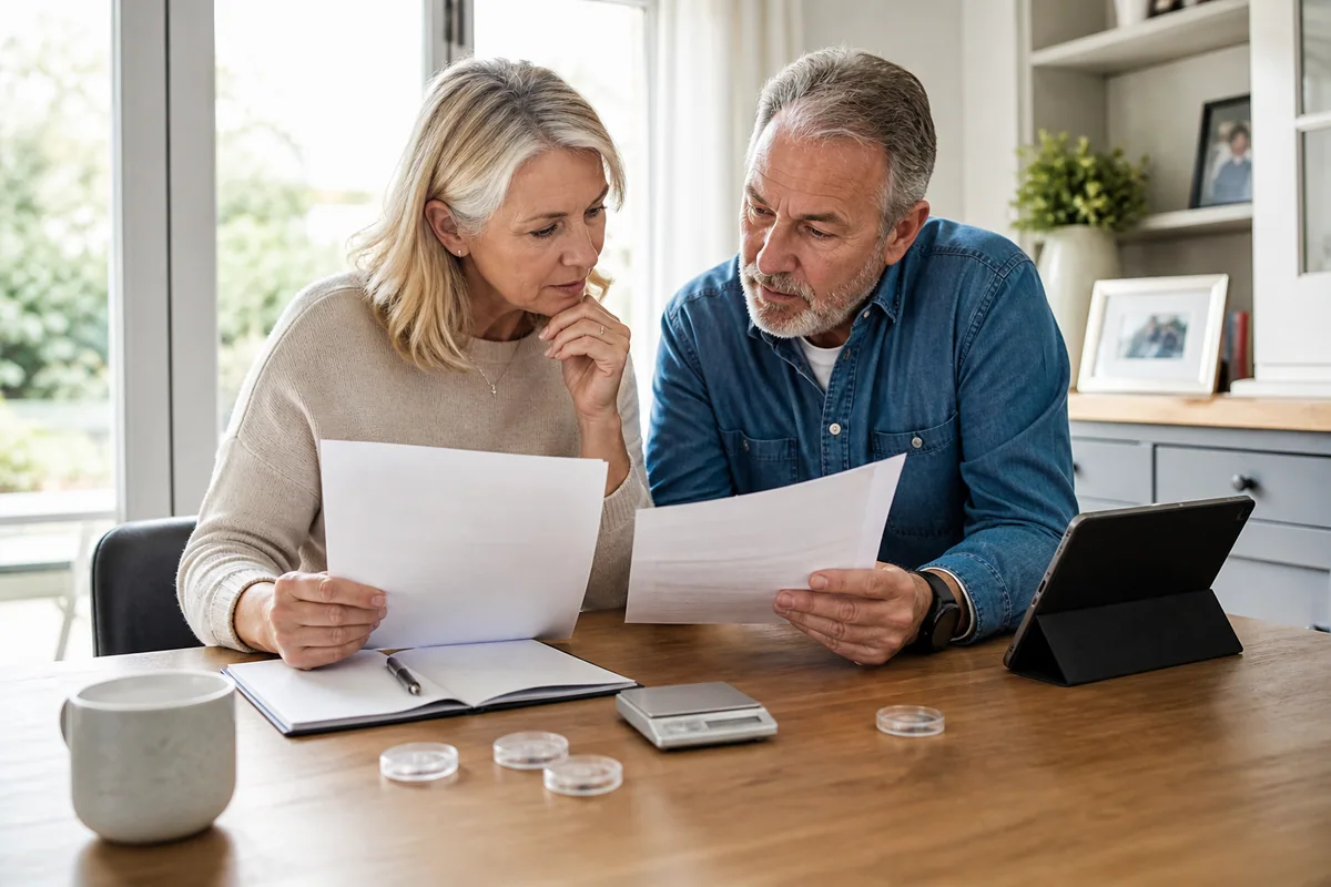 A couple comparing written gold purchase and resale terms at a dining table