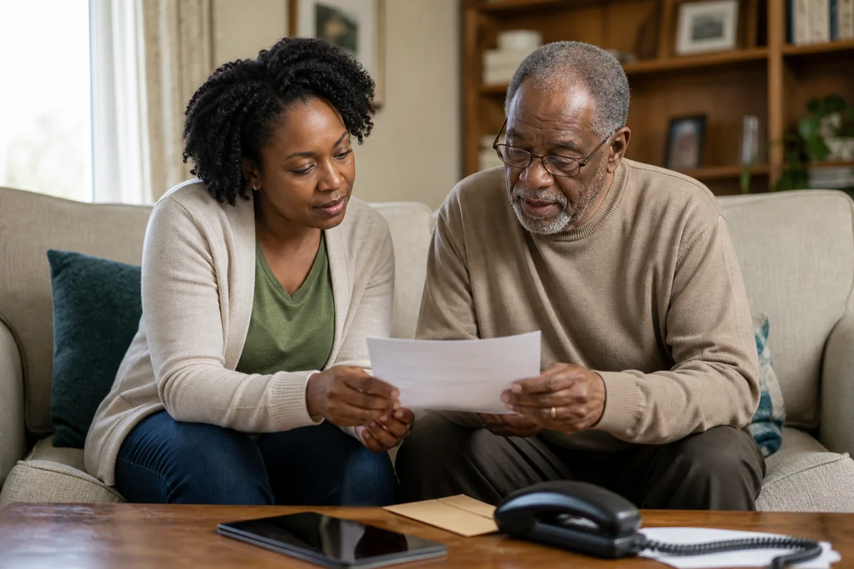 An adult daughter and older father calmly reviewing an investment letter together