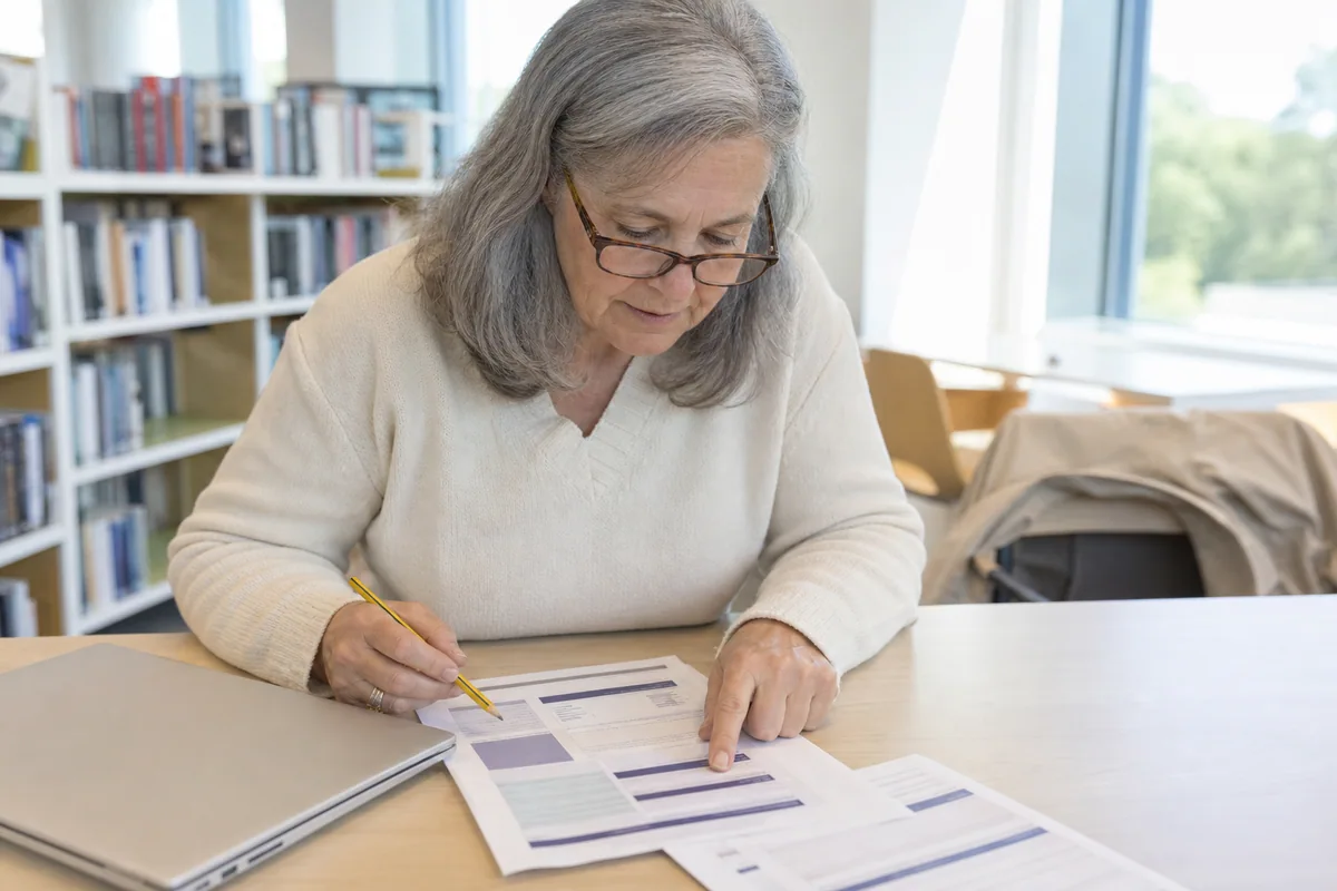 A retired teacher carefully reading an unbranded fund factsheet in a bright library