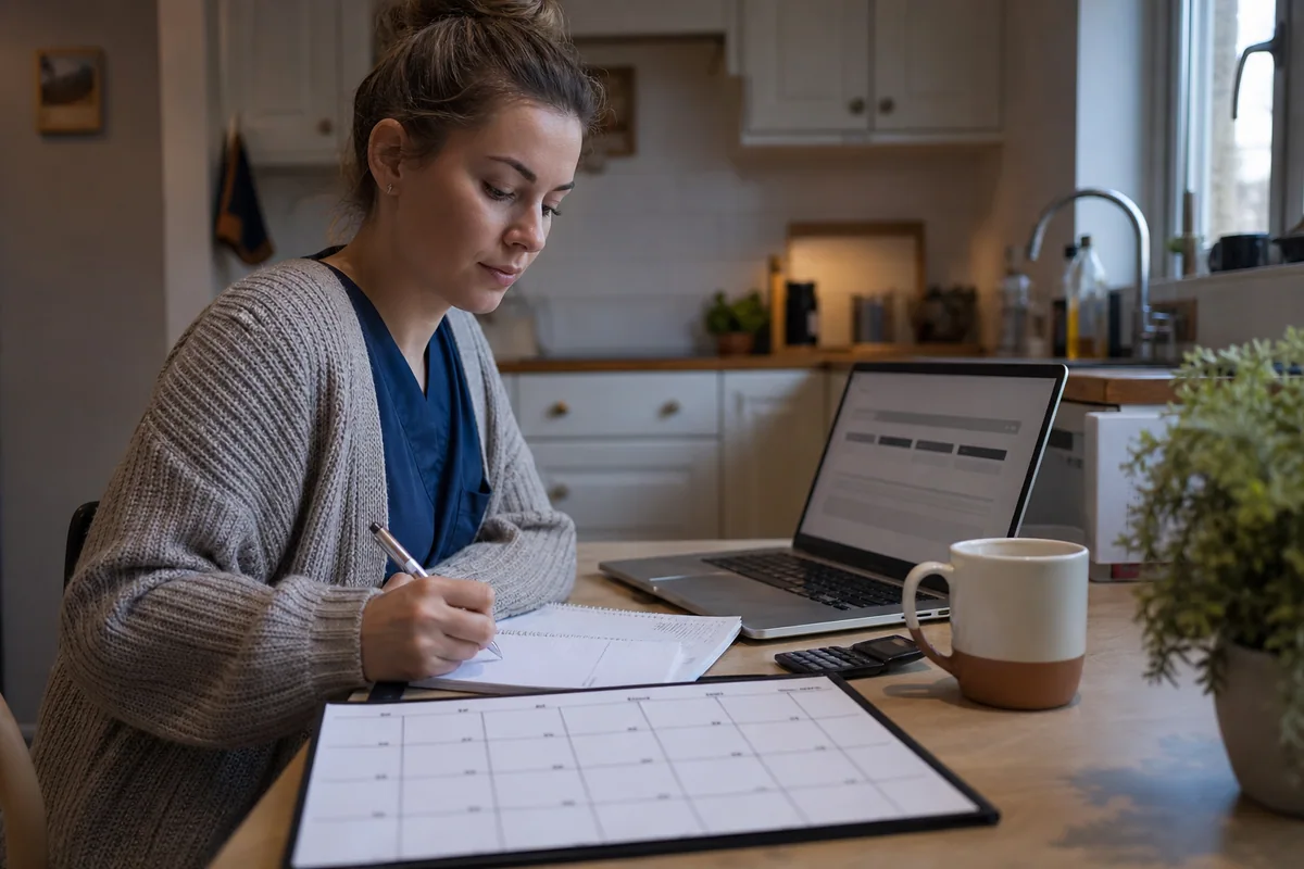 A nurse planning a monthly investment routine at a modest kitchen table after work