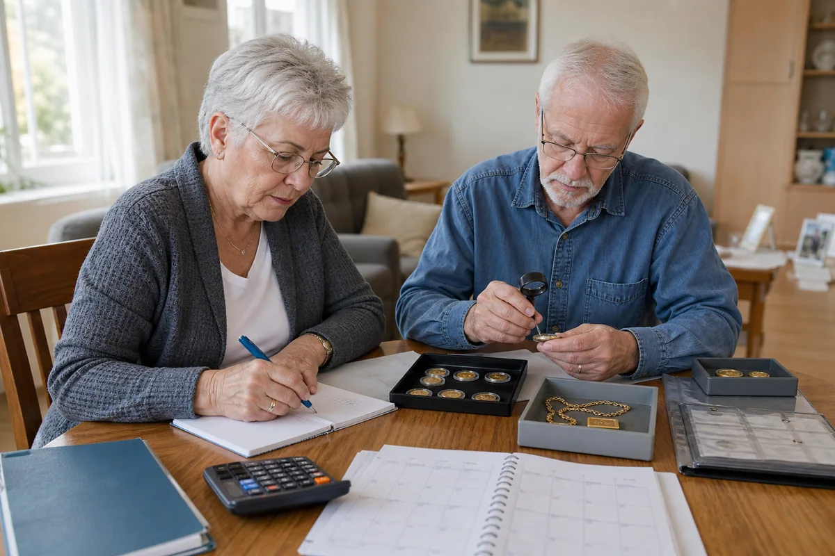 Retired man organising gold sale records and secure packaging at a desk