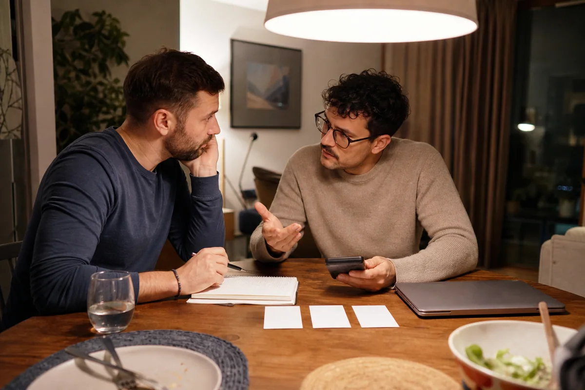 A couple reviewing a household budget and several downside scenarios at home