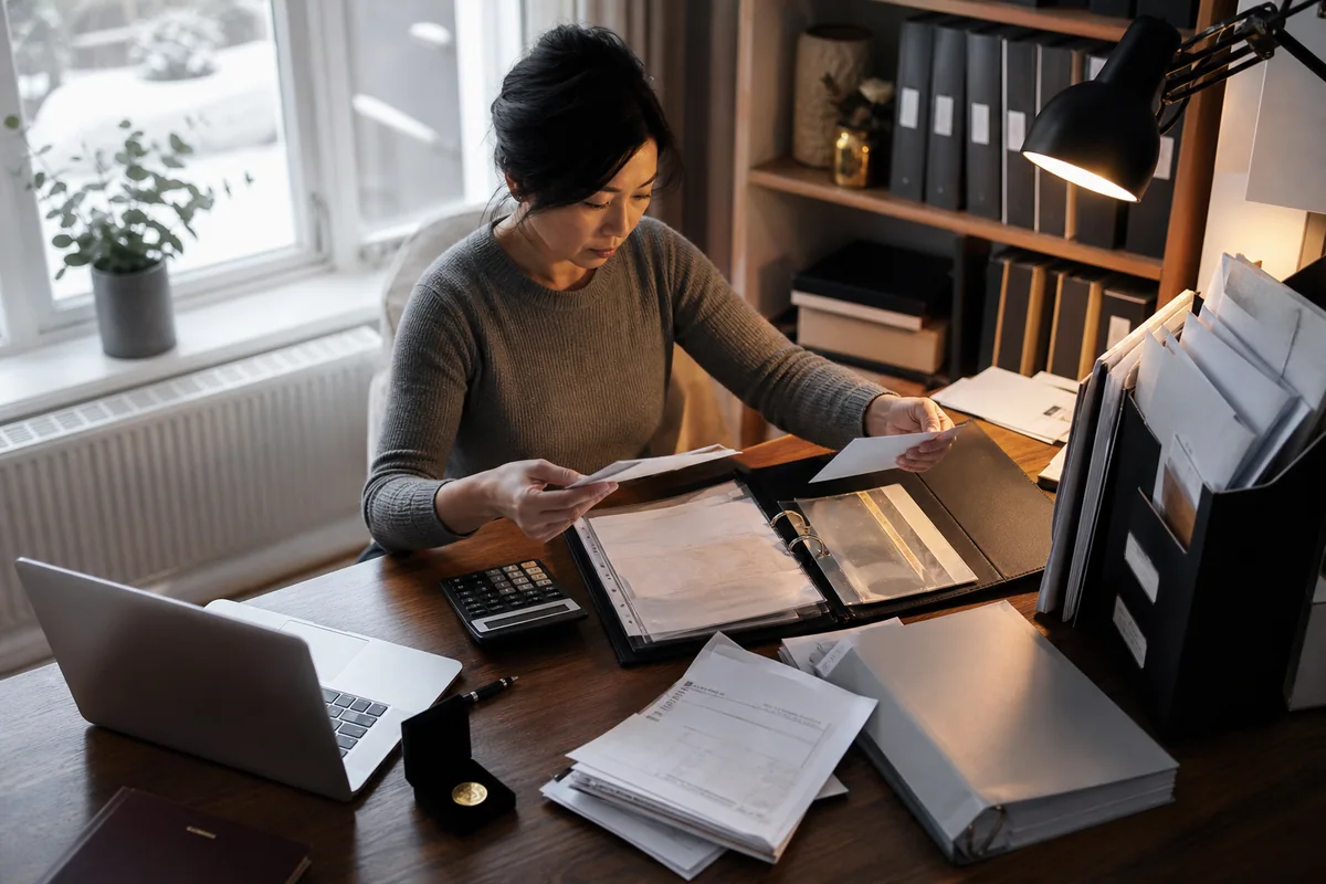 A self-employed person organising bullion invoices and tax records at a desk