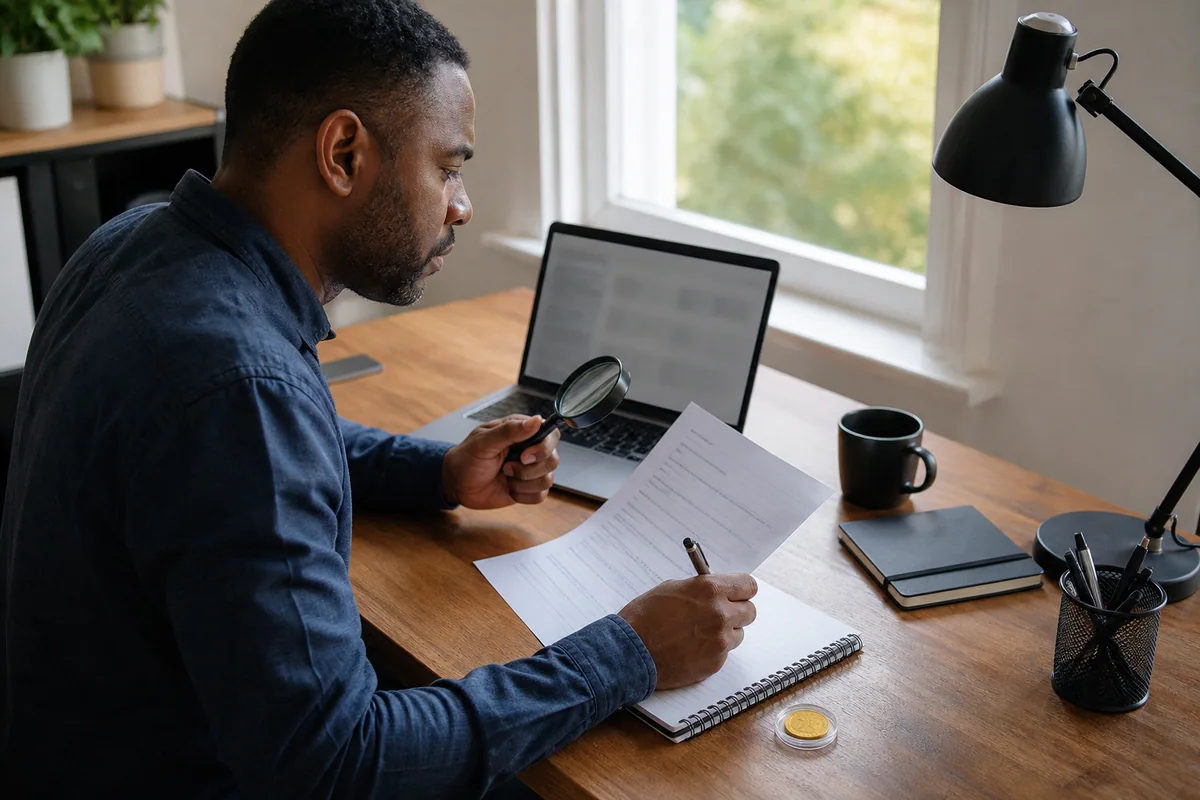 A man comparing a bullion dealer website with printed company details in a home office