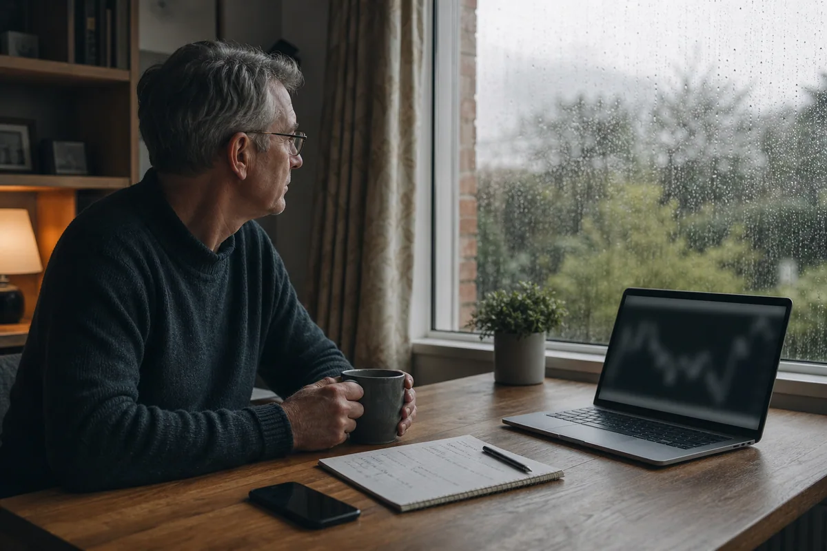 An older investor pausing before placing an order during a rainy morning market move