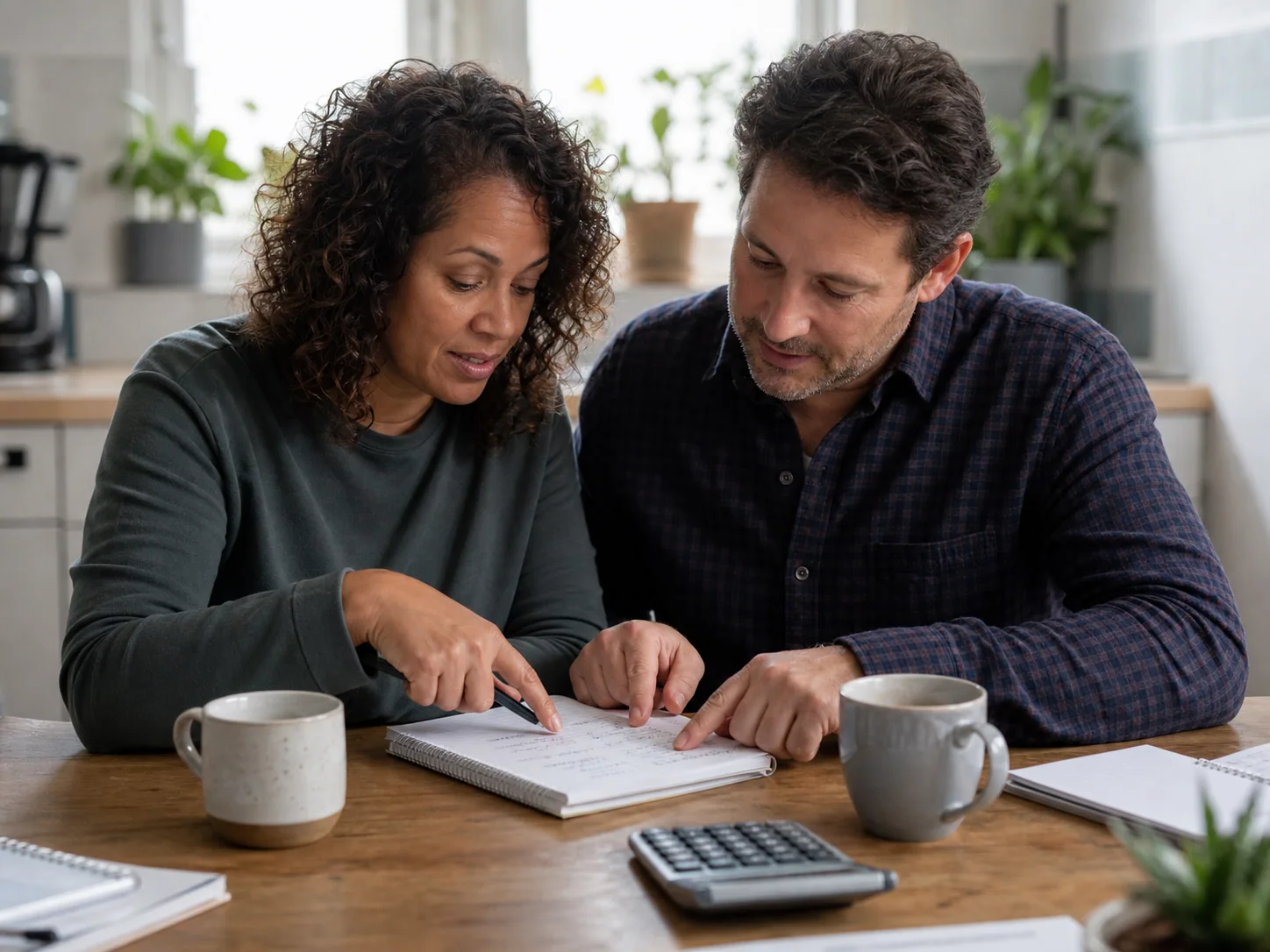 A couple reviewing household finances together at a kitchen table